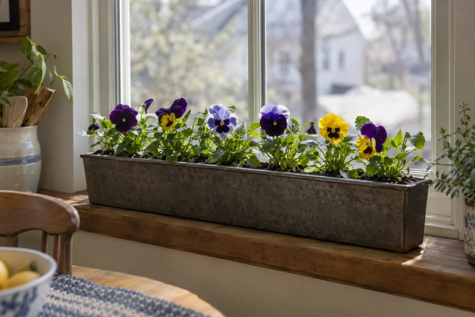 Viola transplants newly planted in a long window box with space between each plant