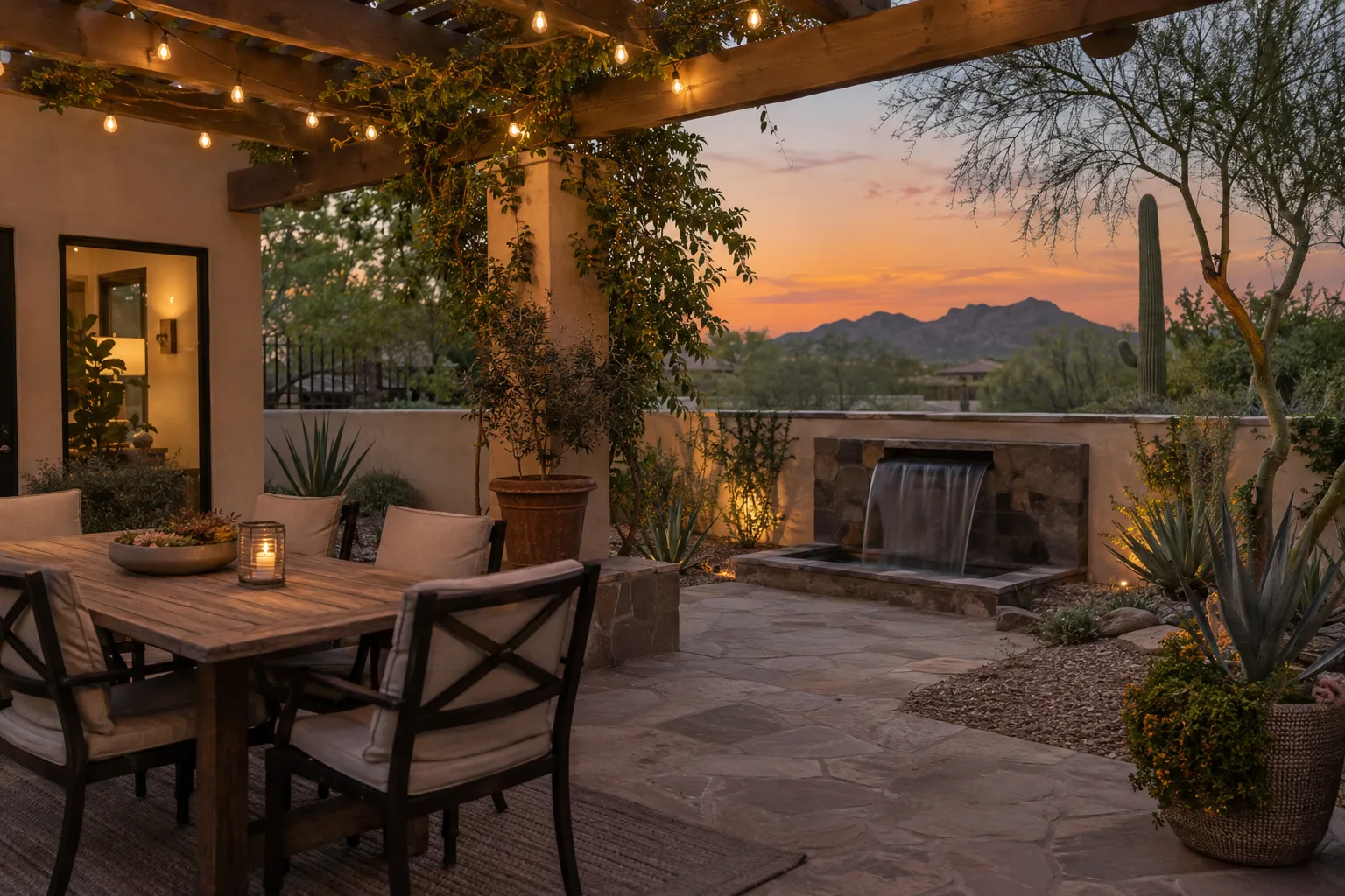 Warm string lights glowing over a pergola and seating area at dusk