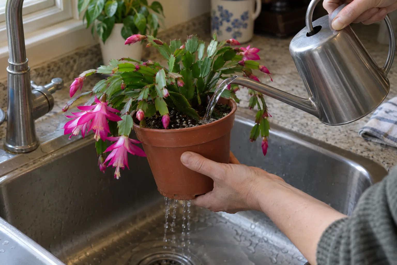 Watering an Easter cactus slowly in a sink so water drains from the pot