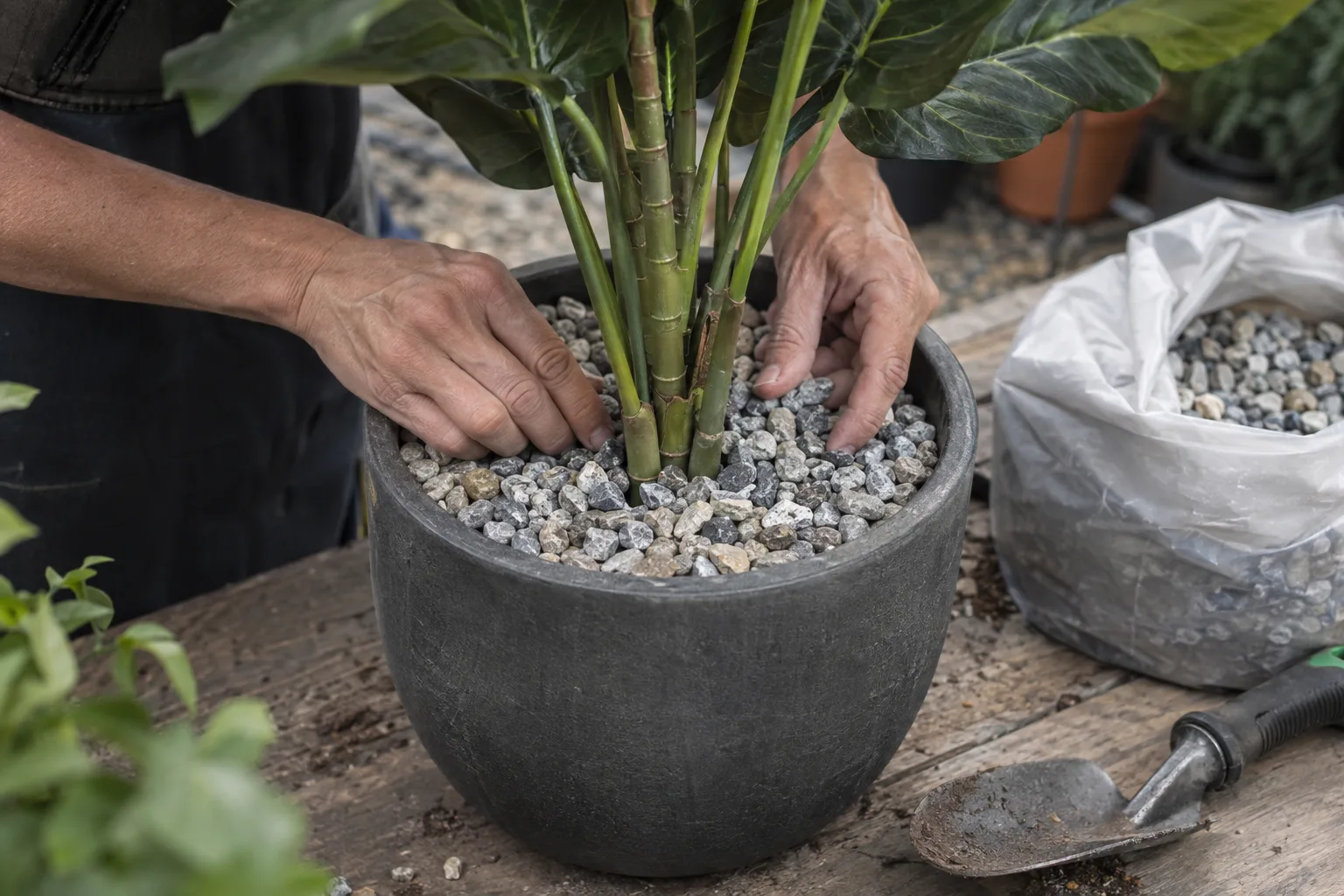 Hands packing gravel around an artificial plant stem inside a heavy outdoor pot