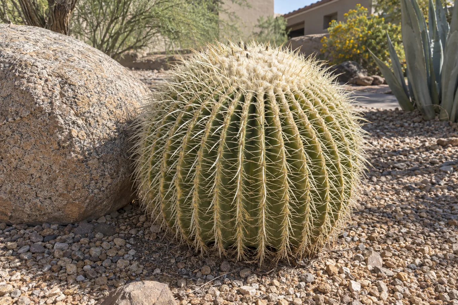 White golden barrel cactus, a round ribbed globe with dense ivory-white spines in gravel beside a boulder