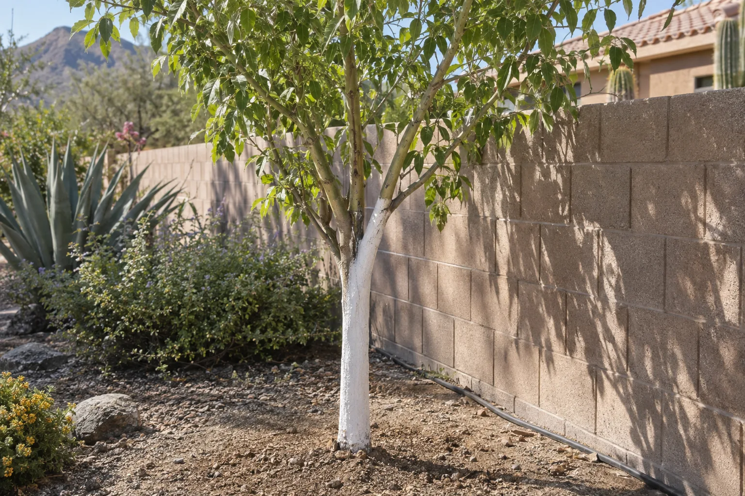 Young tree trunk painted white to prevent sunscald, planted near a block wall in Queen Creek