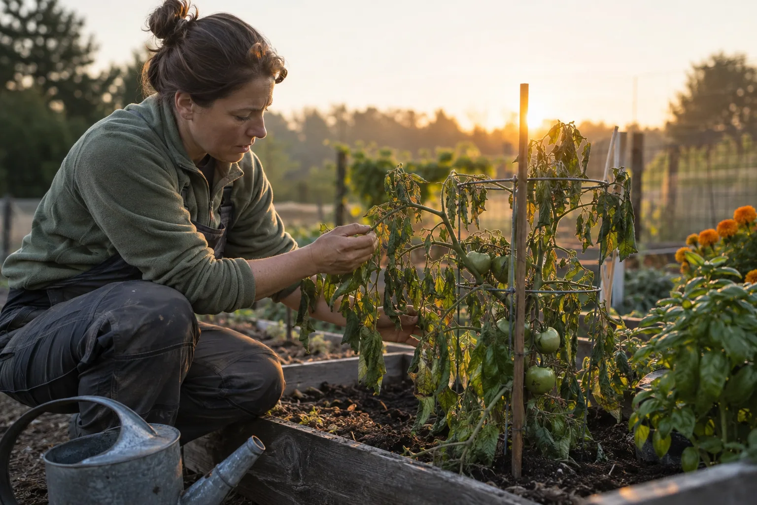 Drooping tomato plant in a raised garden bed in early morning light