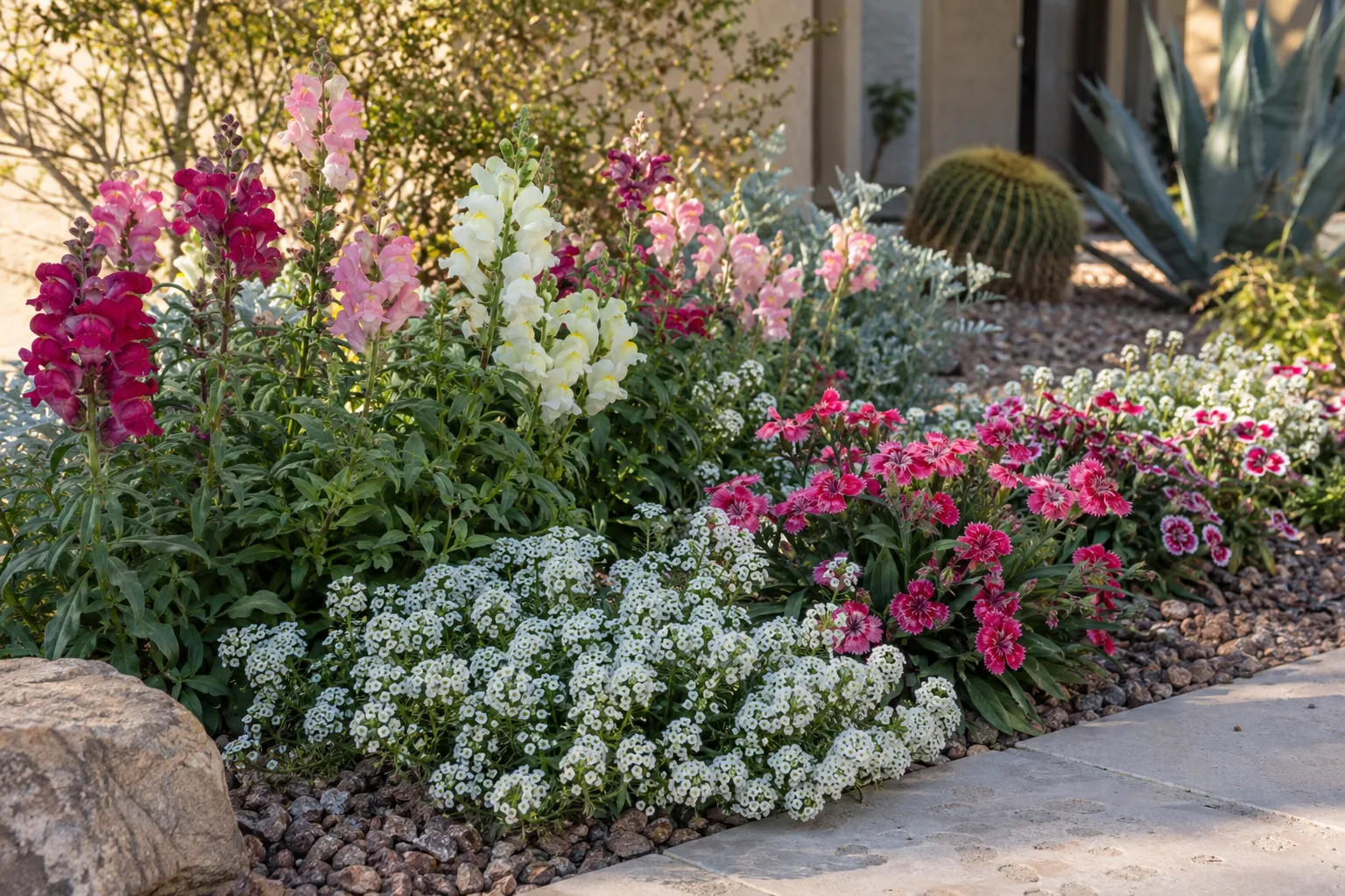 Pink snapdragons and white alyssum blooming together in a desert winter flower bed