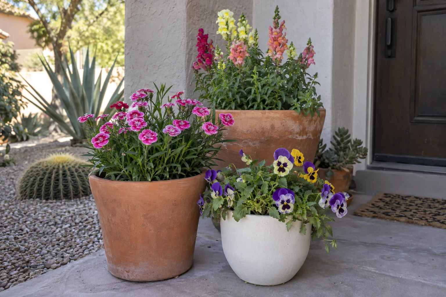 Potted dianthus, snapdragons and pansies in red and pink grouped beside a stucco front door