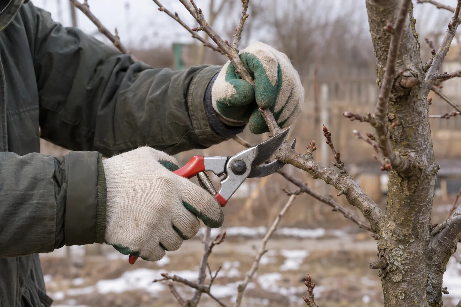 Gloved hands making a clean pruning cut on a leafless tree branch in winter