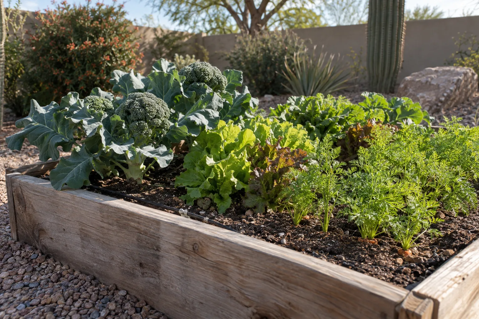 Raised garden bed with broccoli, lettuce and carrot tops on a cool winter morning