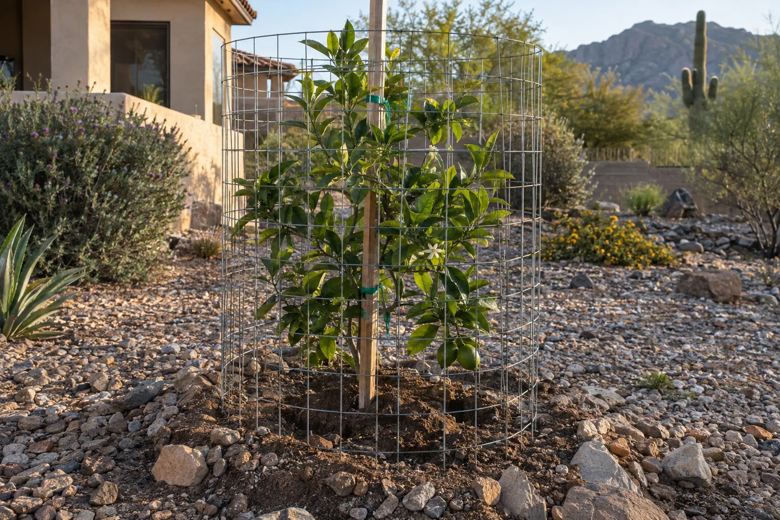 Young citrus tree protected by a staked welded wire cylinder in a desert yard