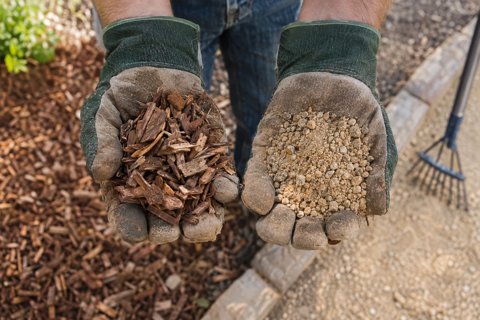 Wood chips and decomposed granite displayed side by side to compare mulch materials