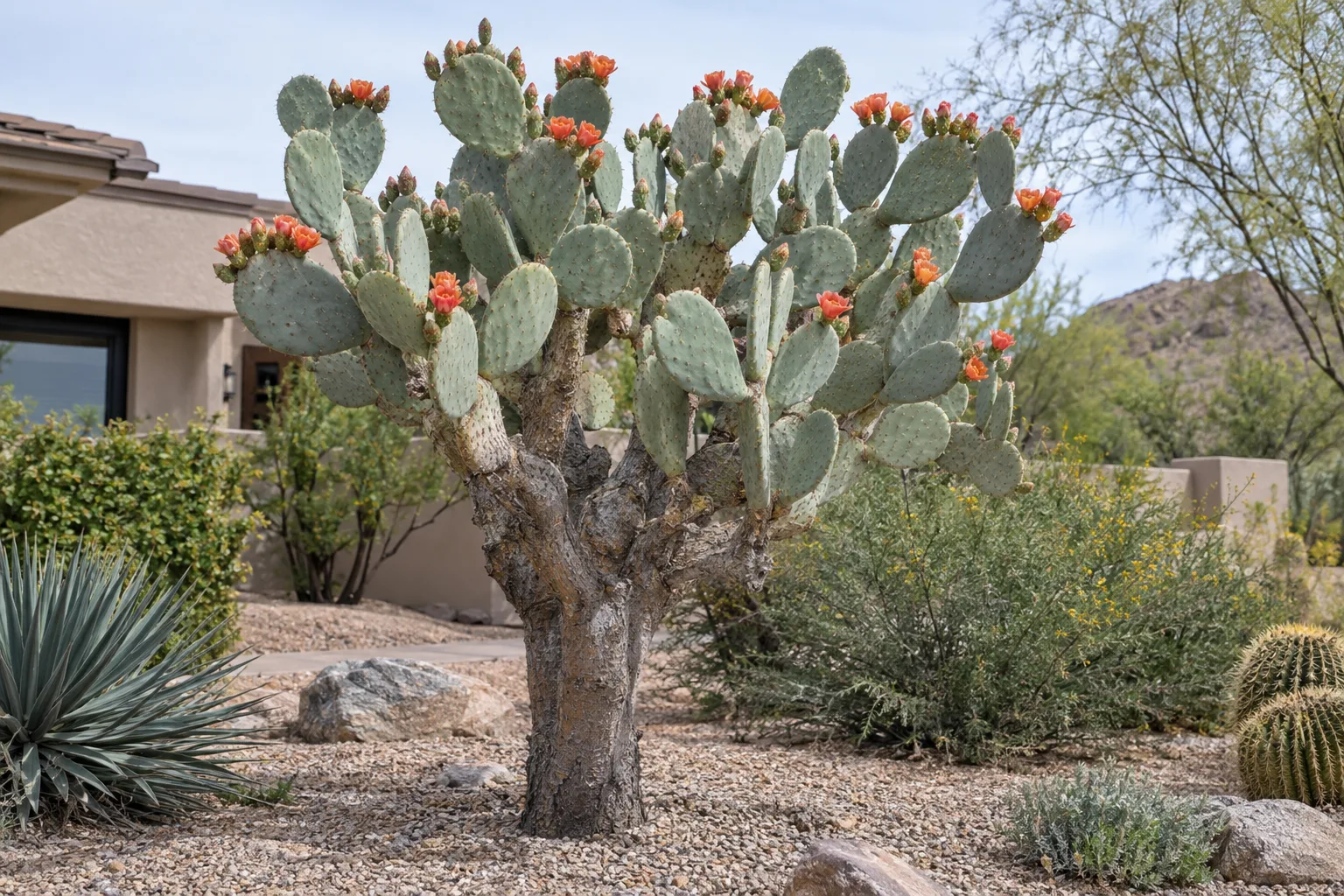 Woolly prickly pear tree with velvety blue-green pads and orange-red flowers in a gravel yard