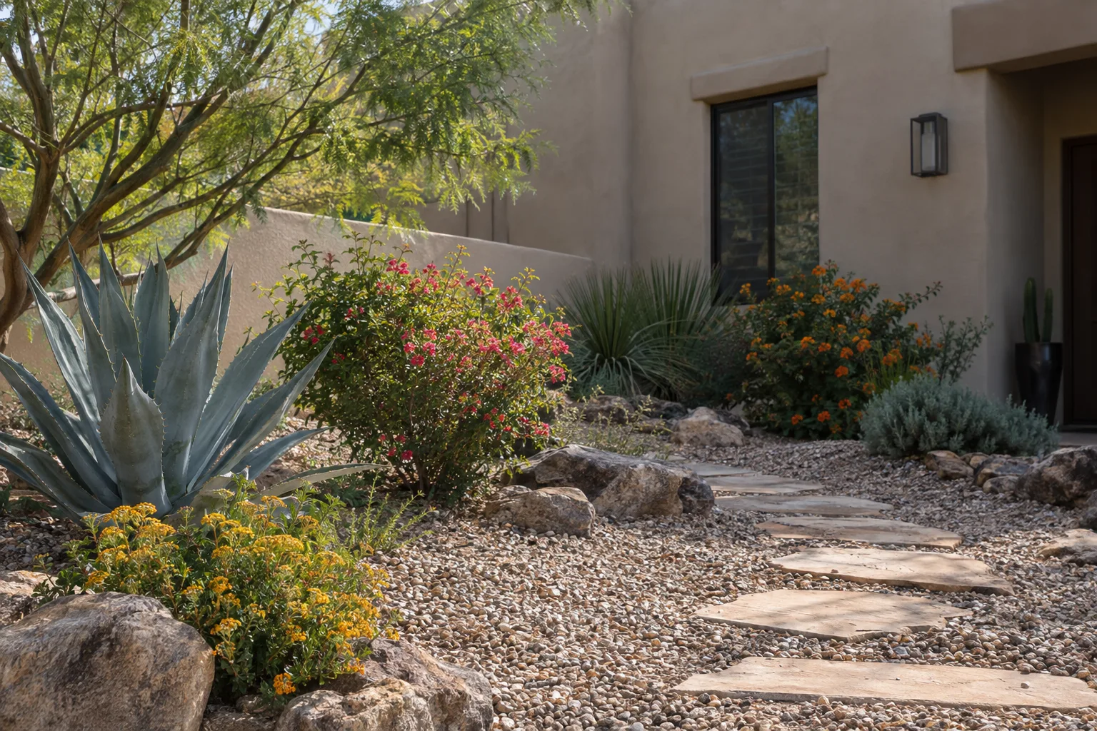 Desert-adapted front yard with agave, flowering shrubs and a gravel path in Queen Creek