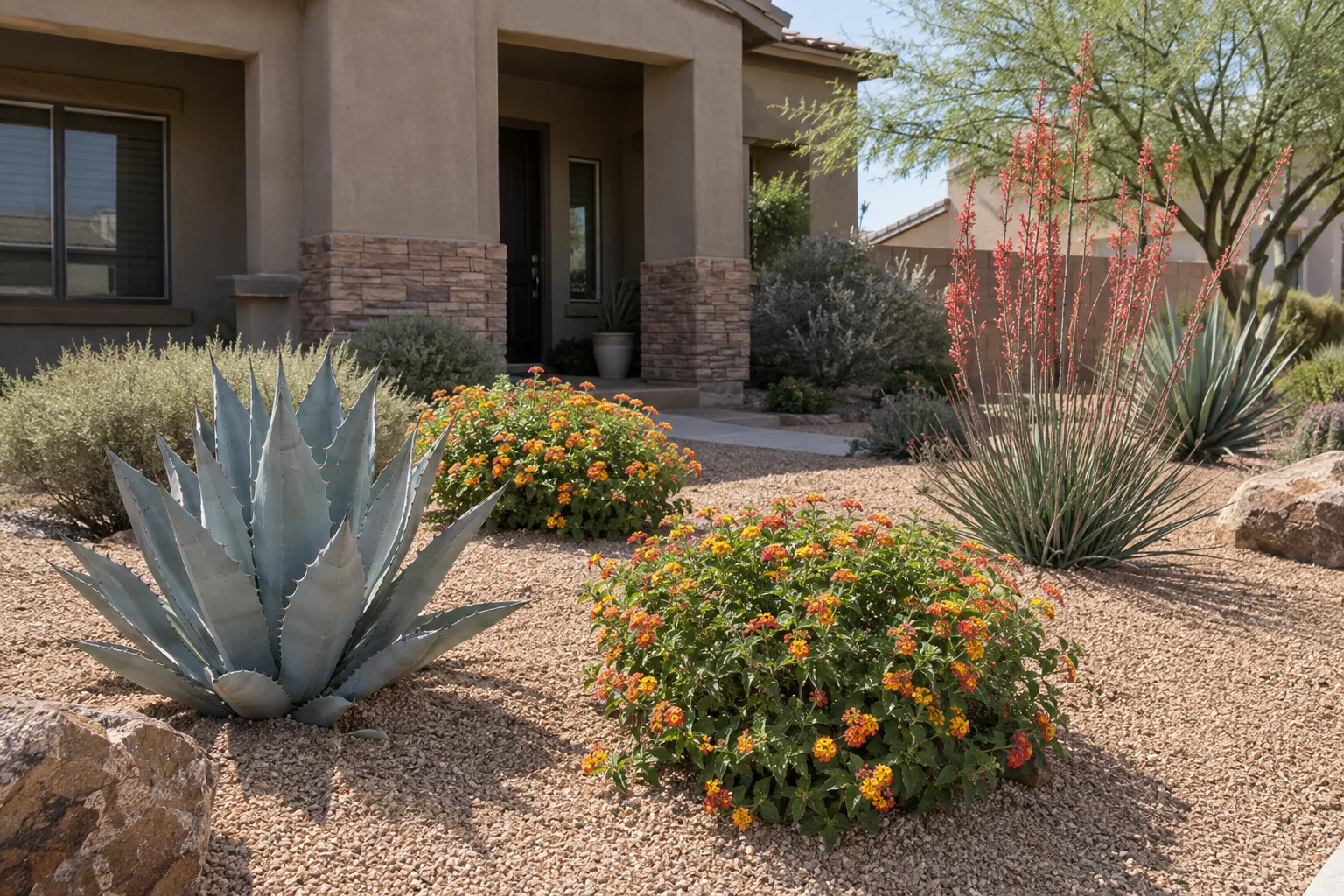 Colorful low-water front yard with agave, red yucca and lantana over decomposed granite