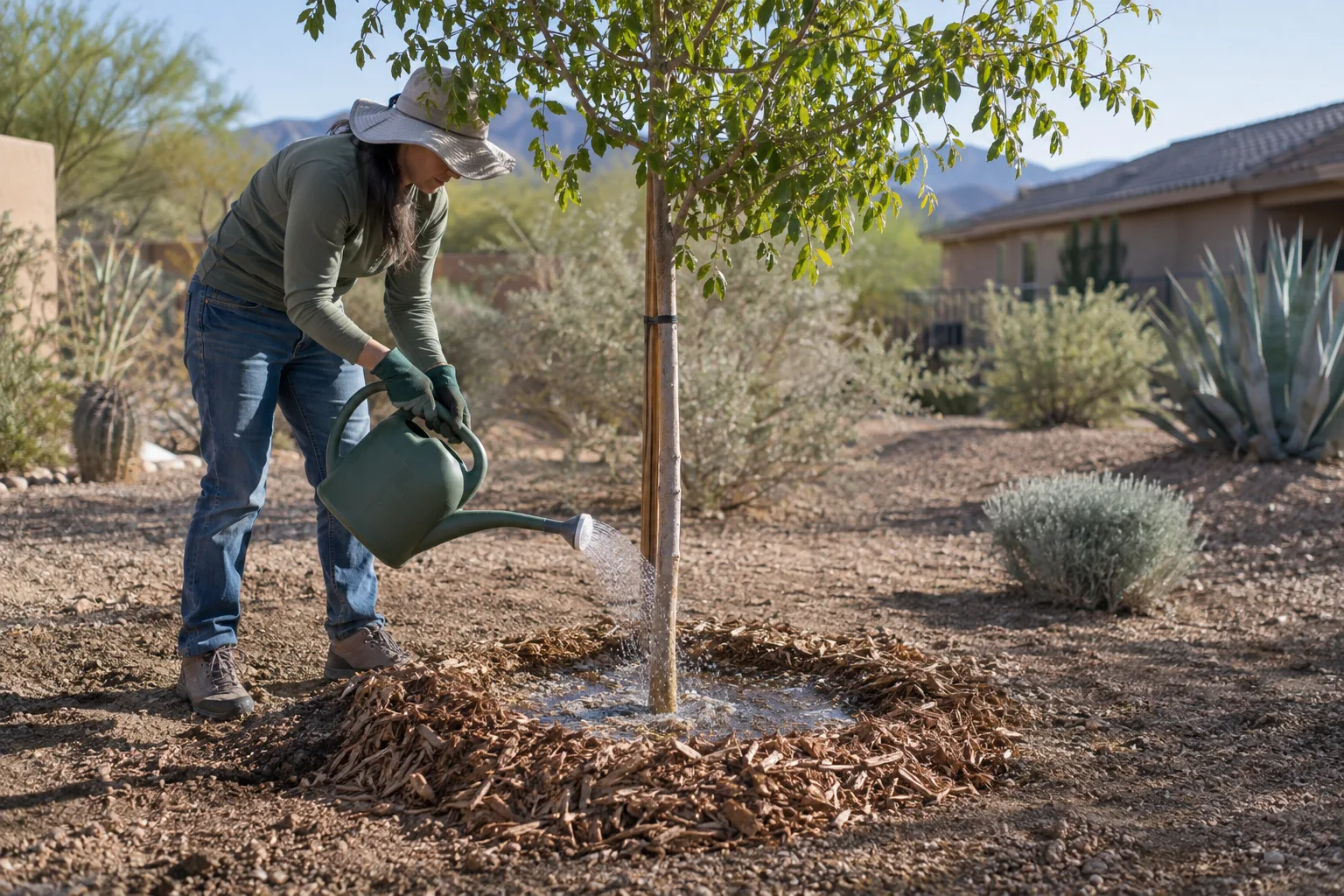 Young tree with earthen watering basin and mulch ring in a sunny desert yard