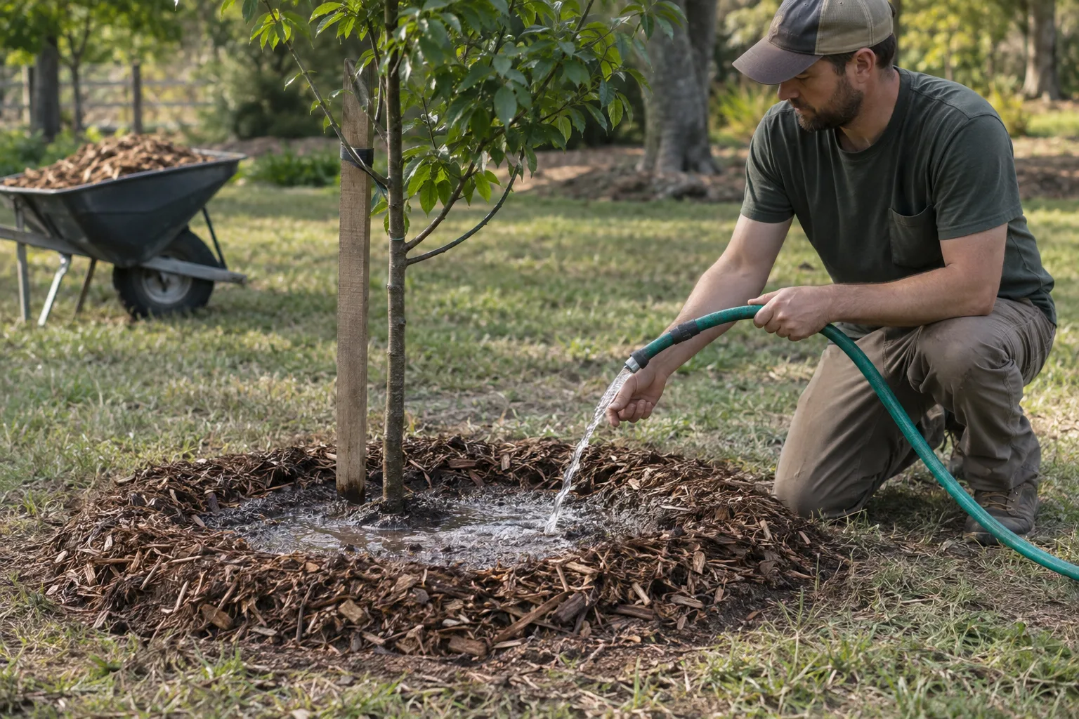 Young desert tree with a watering basin and wood chip mulch ring being deep watered