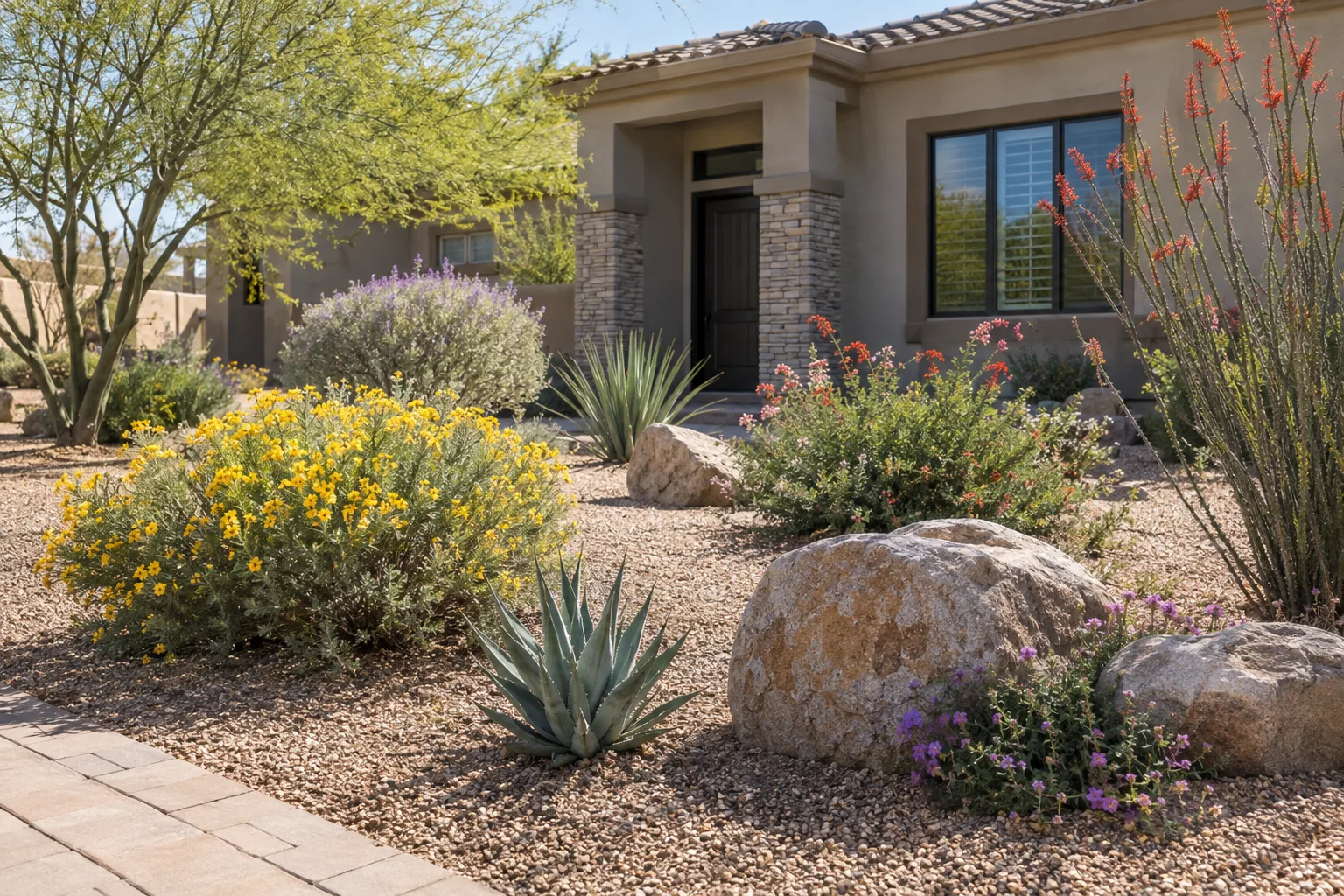 Desert-adapted front yard with granite mulch, boulders and flowering shrubs in Queen Creek