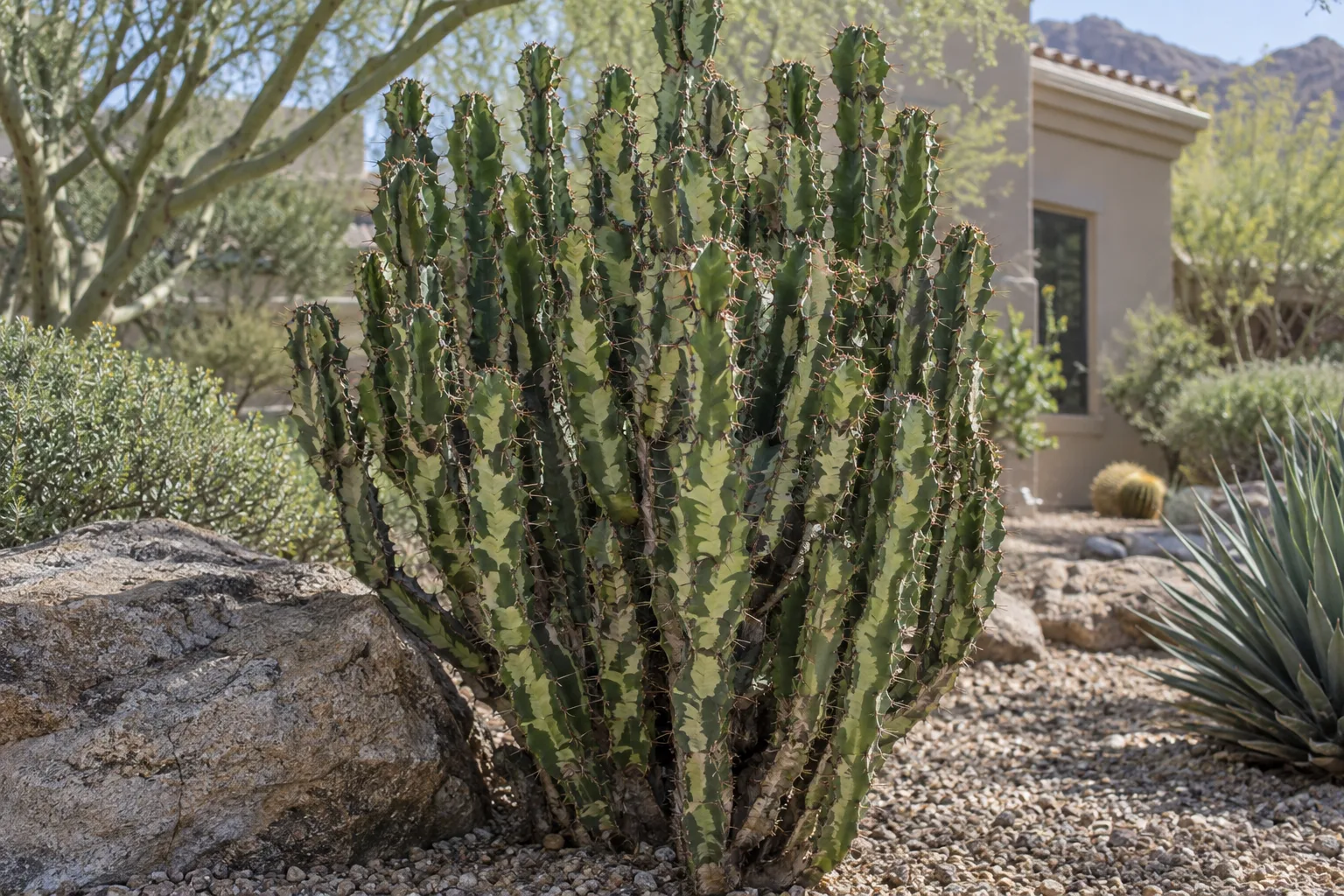 Zig zag euphorbia clump of angular dark green stems with pale bands and paired spines in gravel
