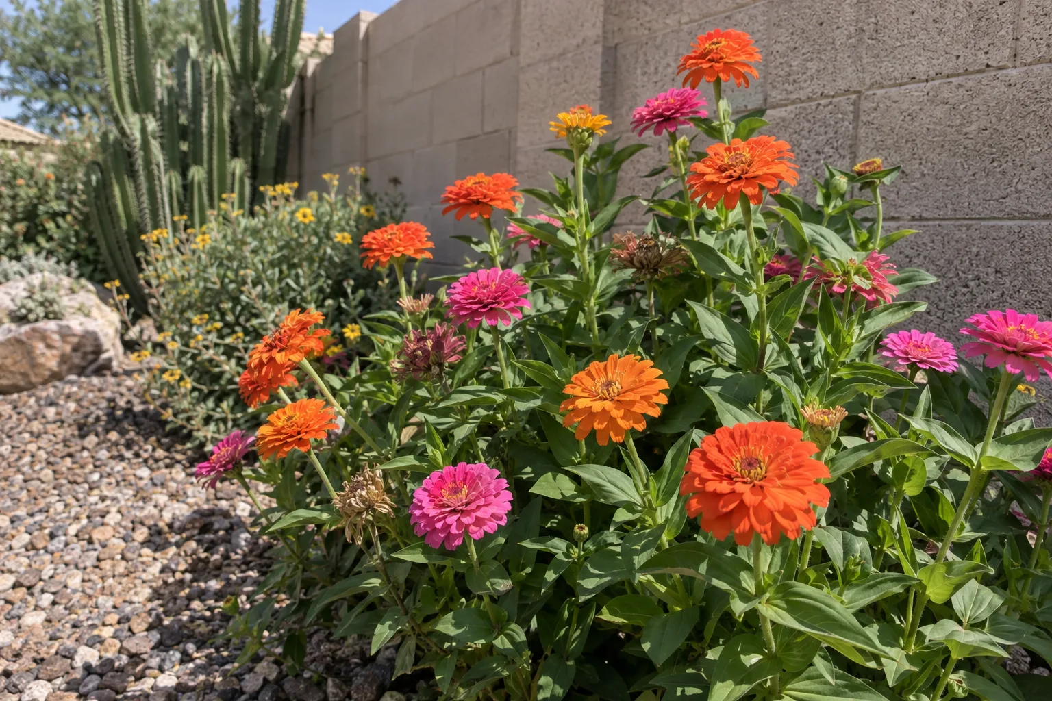 Bright zinnias blooming in full sun beside a block wall in spring