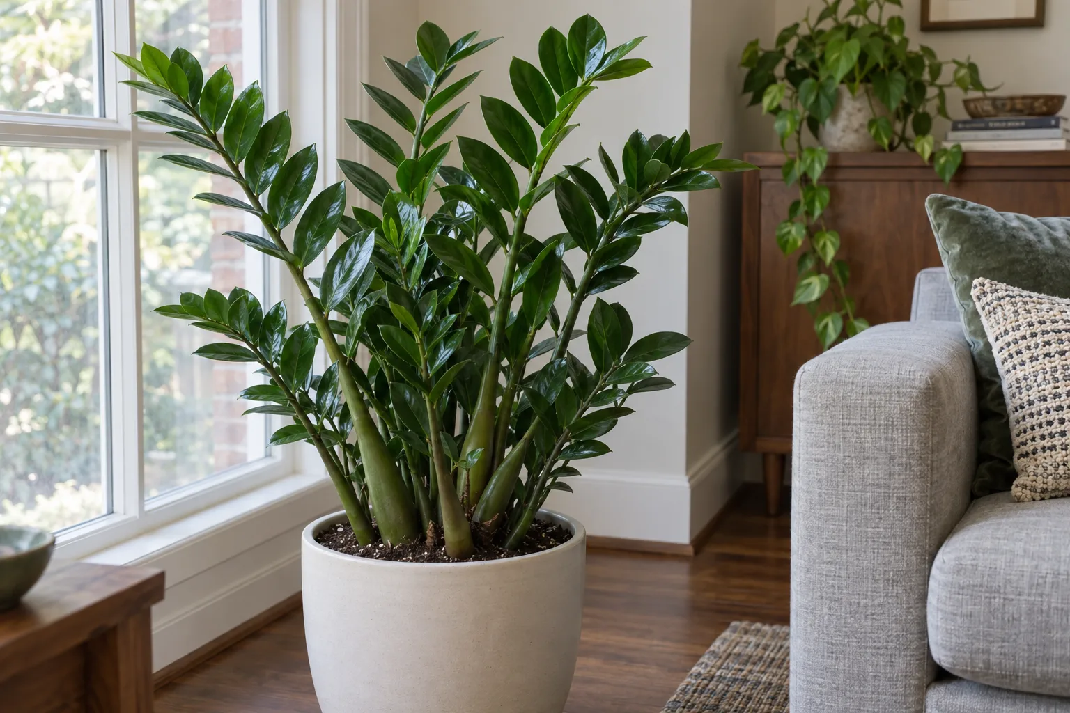 ZZ plant with upright stalks of glossy dark green leaflets in a ceramic pot