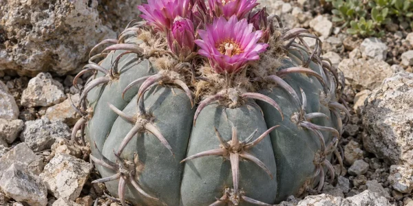 Blue barrel eagle claw cactus with blue-grey ribs, curved spines and pink flowers in a rock garden