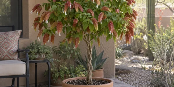 Braided shrimp plant with a plaited trunk and drooping coppery bracts in a terracotta pot