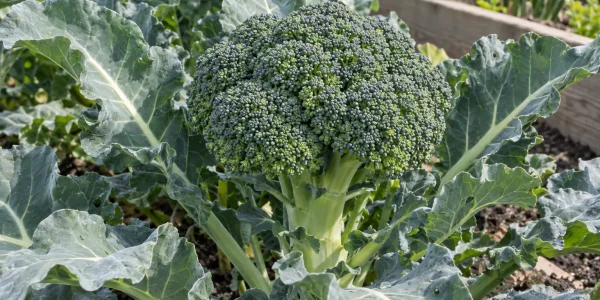 Broccoli plant with a large tight green head and waxy blue-green leaves in a raised bed