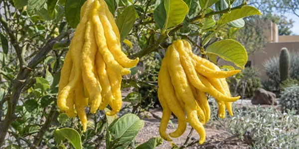 Buddhas hand citron with bright yellow finger-like fruit hanging among large light green leaves