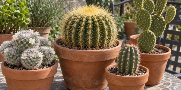 Assorted small cacti in terracotta pots, a golden-spined globe cactus at the centre, on a patio table