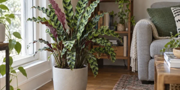 Calathea rattlesnake plant with wavy light green leaves marked with dark green spots