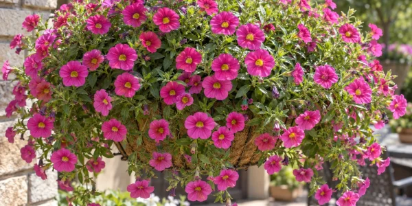 Calibrachoa hanging basket covered in small magenta-pink trumpet flowers with yellow throats