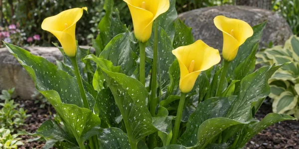 Yellow calla lily with golden funnel-shaped blooms and white-spotted green leaves in a garden bed