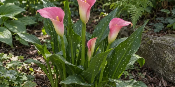 Pink calla lily with rose-pink funnel-shaped blooms and speckled green leaves in a garden bed