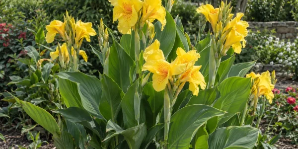 Yellow canna lily with bright yellow flowers above broad green leaves in a garden bed
