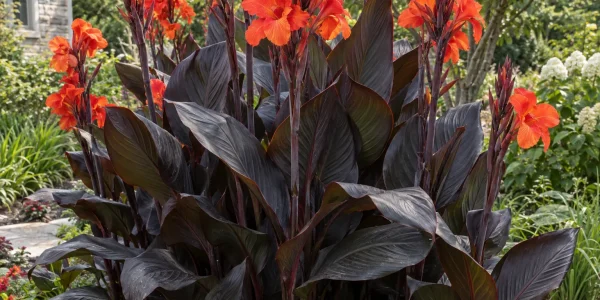 Tropicanna Black canna lily with near-black burgundy leaves and orange-scarlet flowers