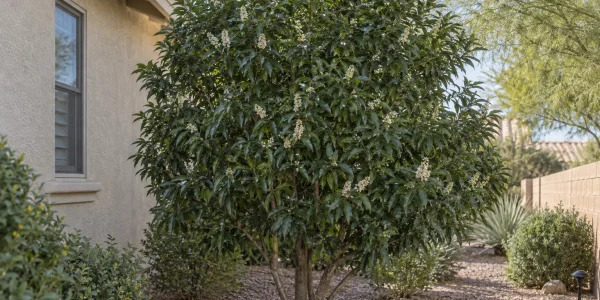 Carolina cherry laurel with dense glossy dark green leaves and small creamy white flower spikes