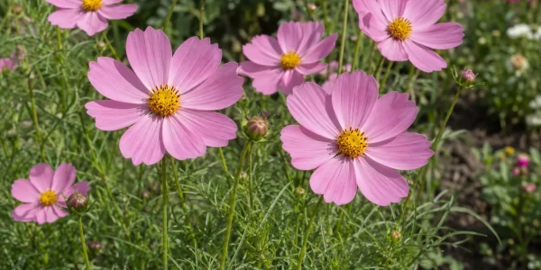 Cosmos with rose-pink daisy flowers and feathery green foliage in a sunny garden bed