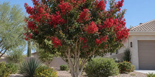 Dynamite crape myrtle tree with cherry-red flower clusters and red-tinged new leaves in a gravel front yard