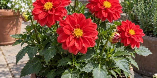 Dahlia, a dwarf bedding plant with red semi-double flowers and yellow centres in a patio container