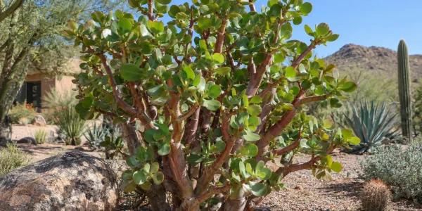 Giant elephant food shrub with thick reddish stems and large round glossy green leaves in a gravel bed