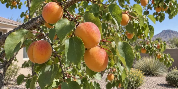 Gold Kist apricot tree with ripe golden-orange apricots among rounded green leaves