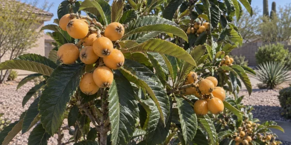 Gold Nugget loquat tree with large leathery leaves and clusters of round golden-orange fruit