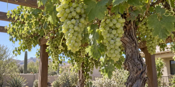 Perlette seedless grape vine on an arbor with compact clusters of round pale green grapes