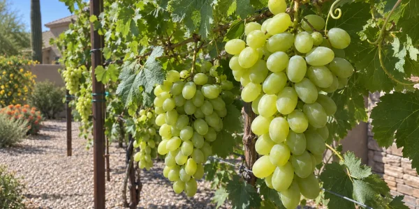 Princess seedless grape vine on a trellis with large clusters of plump pale green oval grapes