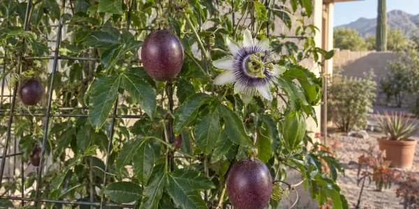 Passion fruit vine on a wire trellis with purple egg-shaped fruit and a white and purple flower