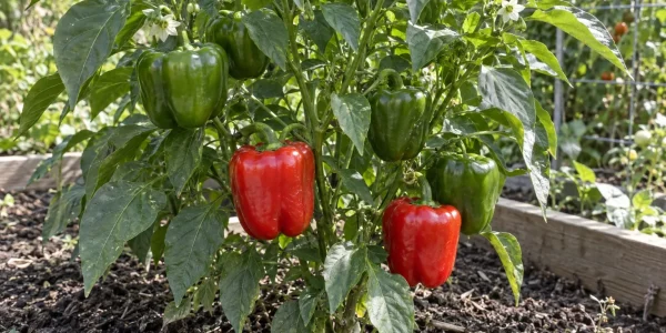 Pepper plant with dark green leaves and blocky green and red bell peppers in a raised bed