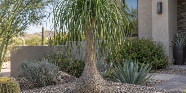 Ponytail palm with a swollen bulbous trunk base and cascading narrow green leaves in a gravel bed