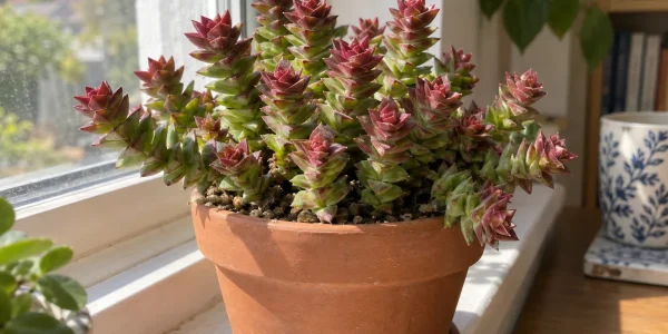 Red Pagoda crassula with stacked triangular red-tipped leaves in a terracotta pot on a windowsill