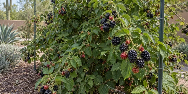 Superlicious blackberry bush with green leaflets and clusters of glossy black berries on a trellis